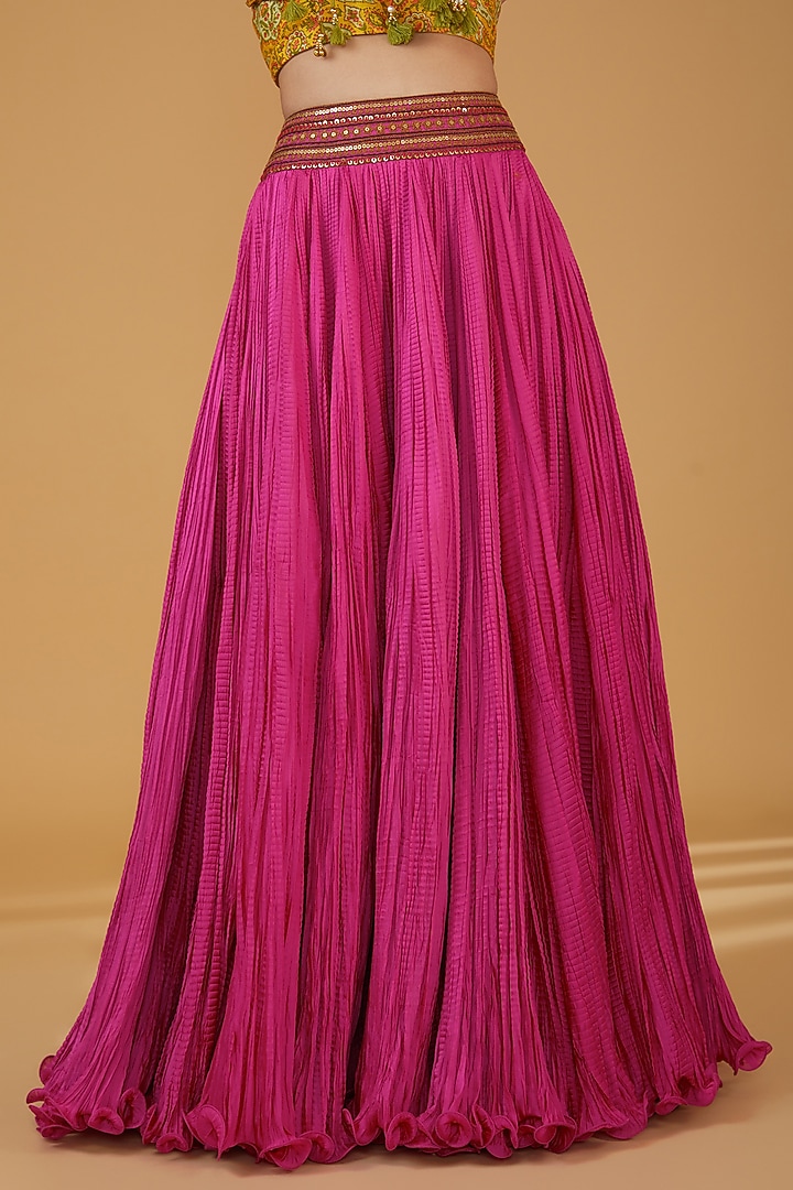 Rani Pink Chanderi Silk Crushed Skirt Set by Debyani at Pernia's Pop Up Shop