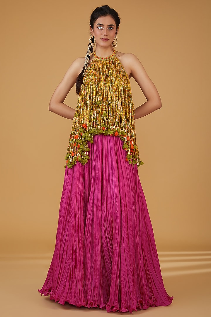 Rani Pink Chanderi Silk Crushed Skirt Set by Debyani at Pernia's Pop Up Shop