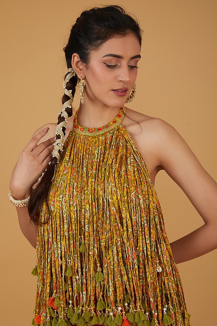 Rani Pink Chanderi Silk Crushed Skirt Set by Debyani at Pernia's Pop Up Shop