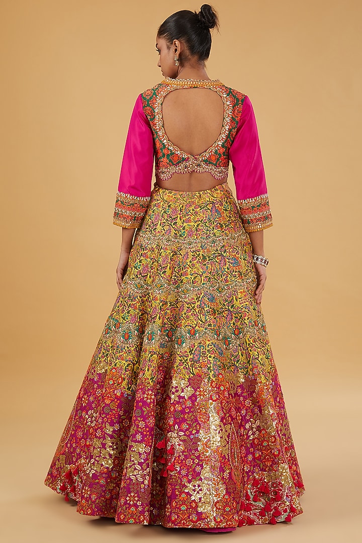 Magenta Chanderi Silk Hand & Machine Embroidered Bridal Lehenga Set by Debyani at Pernia's Pop Up Shop