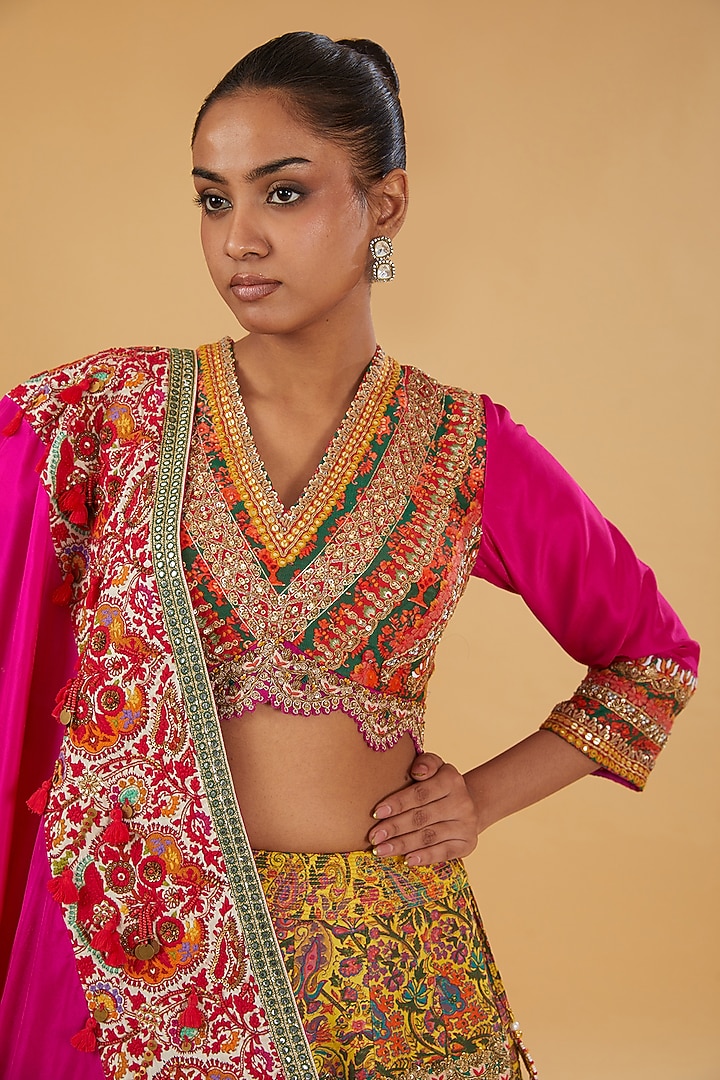 Magenta Chanderi Silk Hand & Machine Embroidered Bridal Lehenga Set by Debyani at Pernia's Pop Up Shop