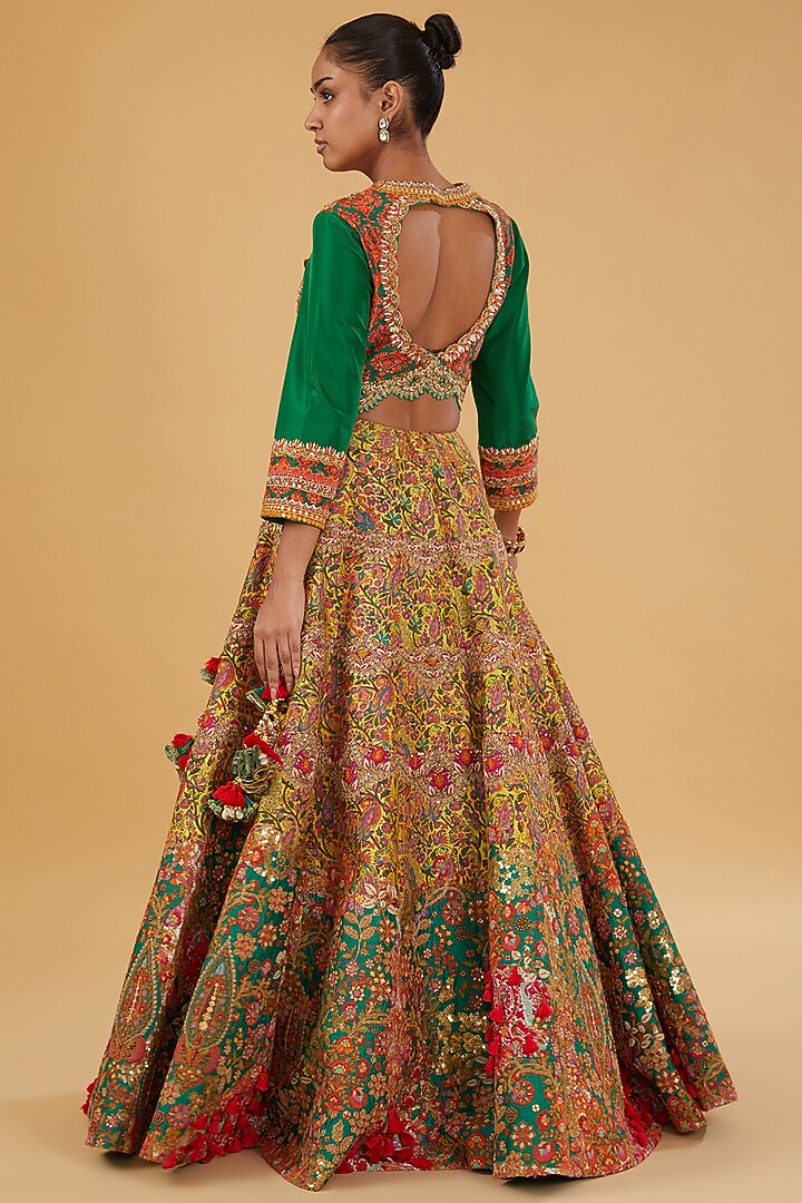 Emerald Green Chanderi Silk Hand & Machine Embroidered Bridal Lehenga Set by Debyani at Pernia's Pop Up Shop
