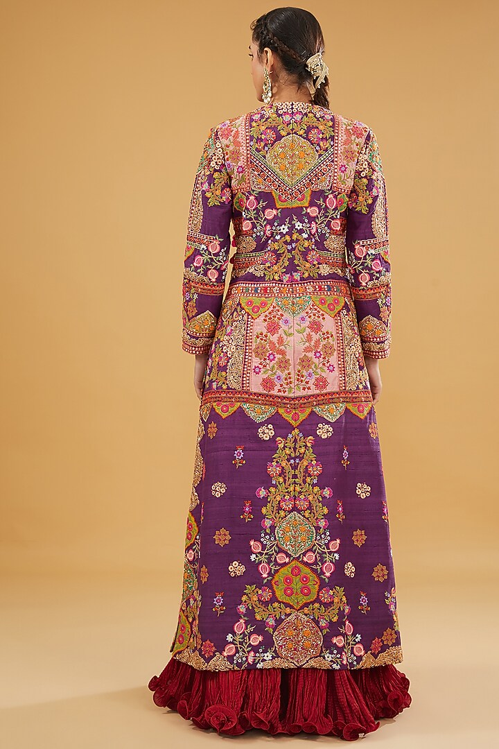 Red Raw Silk Patch Work Jacket Set by Debyani at Pernia's Pop Up Shop