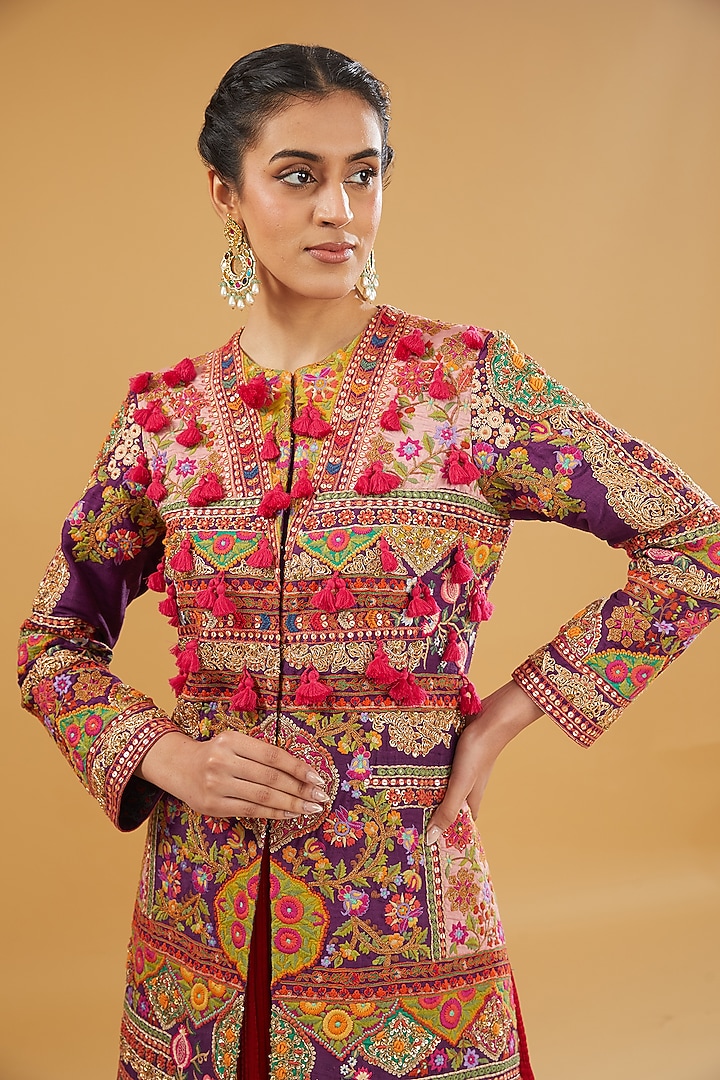 Red Raw Silk Patch Work Jacket Set by Debyani at Pernia's Pop Up Shop