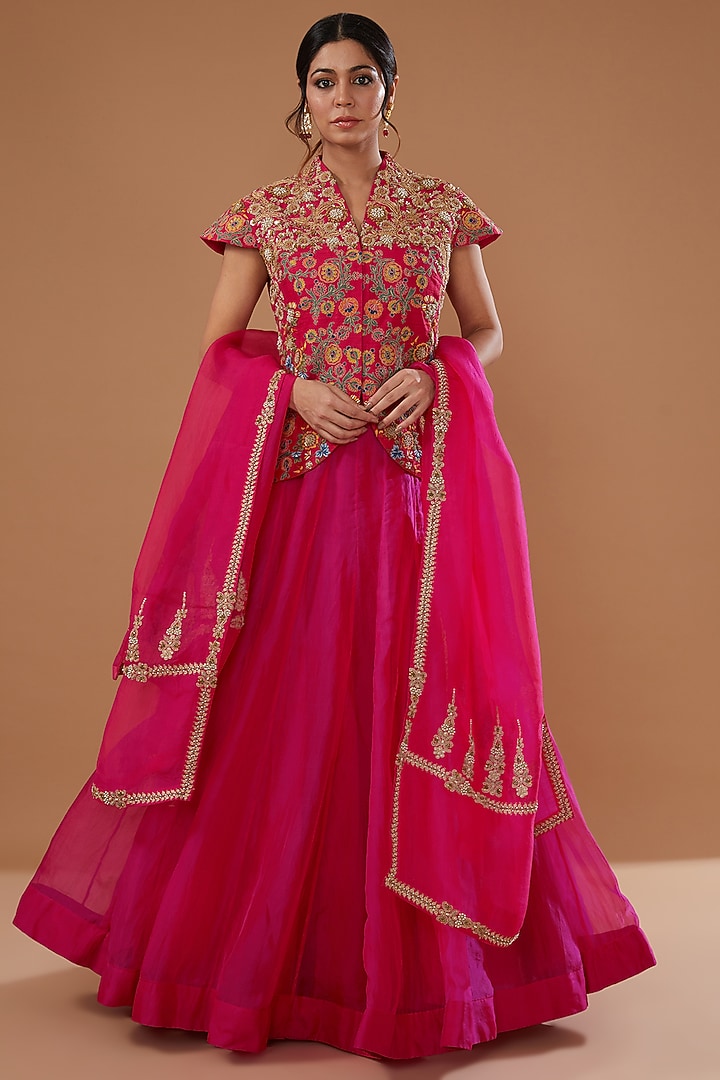 Magenta Raw Silk Embroidered Jacket Set by Debyani at Pernia's Pop Up Shop