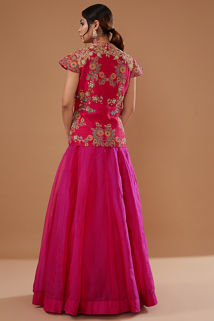 Magenta Raw Silk Embroidered Jacket Set by Debyani at Pernia's Pop Up Shop