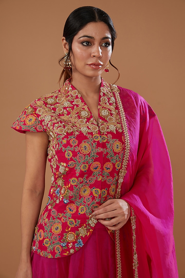 Magenta Raw Silk Embroidered Jacket Set by Debyani at Pernia's Pop Up Shop