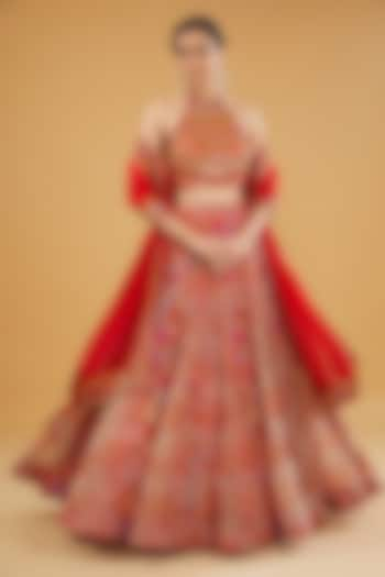 Red Organza Printed & Embroidered Bridal Lehenga Set by Debyani at Pernia's Pop Up Shop