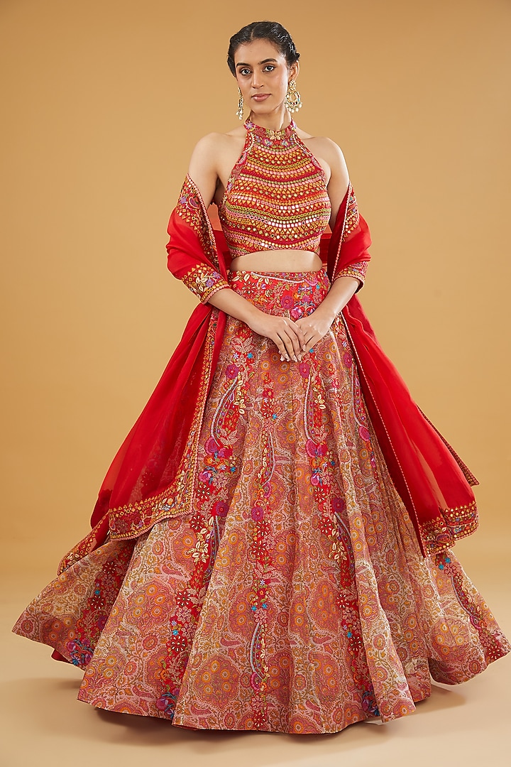 Red Organza Printed & Embroidered Bridal Lehenga Set by Debyani at Pernia's Pop Up Shop