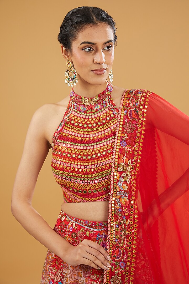 Red Organza Printed & Embroidered Bridal Lehenga Set by Debyani at Pernia's Pop Up Shop