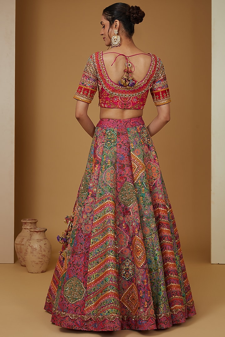 Red Chanderi Silk Embroidered Zig-Zag Paneled Bridal Lehenga Set by Debyani at Pernia's Pop Up Shop