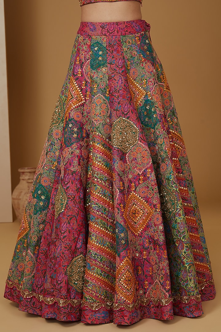 Red Chanderi Silk Embroidered Zig-Zag Paneled Bridal Lehenga Set by Debyani at Pernia's Pop Up Shop
