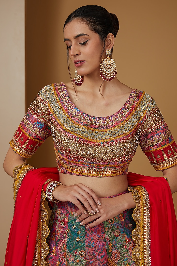 Red Chanderi Silk Embroidered Zig-Zag Paneled Bridal Lehenga Set by Debyani at Pernia's Pop Up Shop