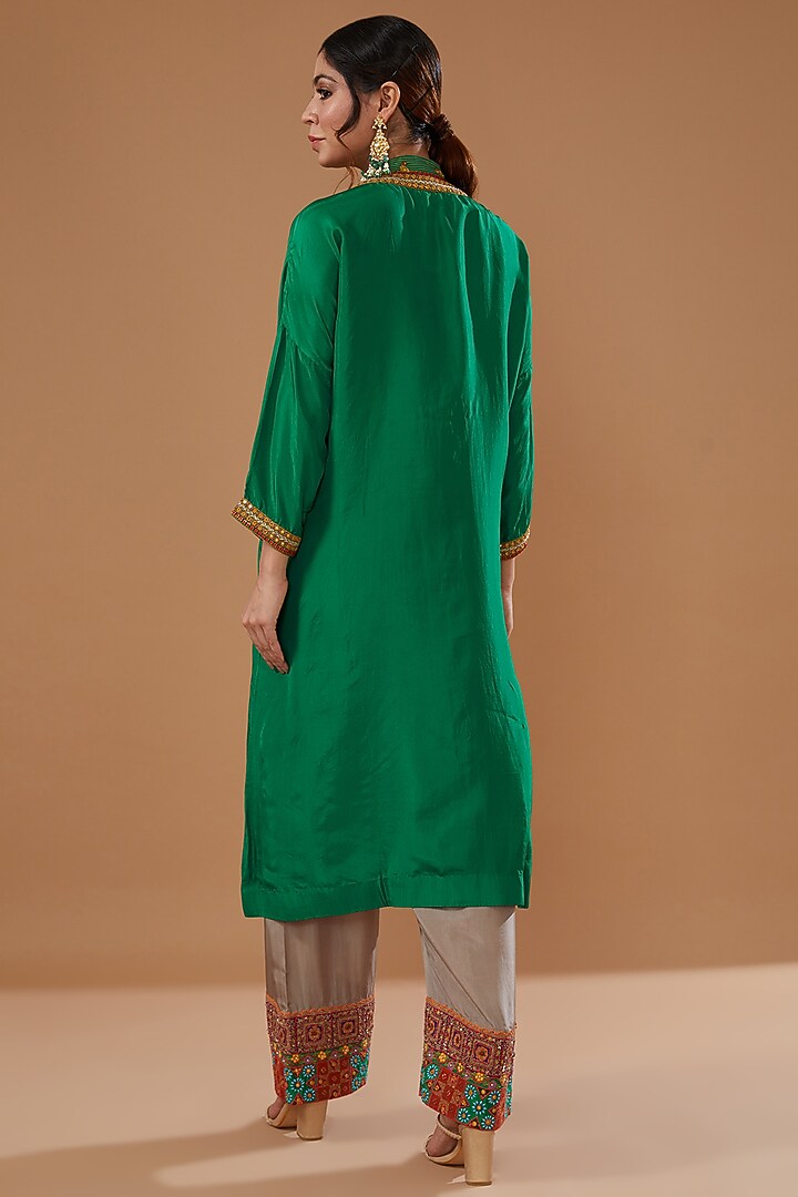 Green Silk Kurta Set by Debyani at Pernia's Pop Up Shop