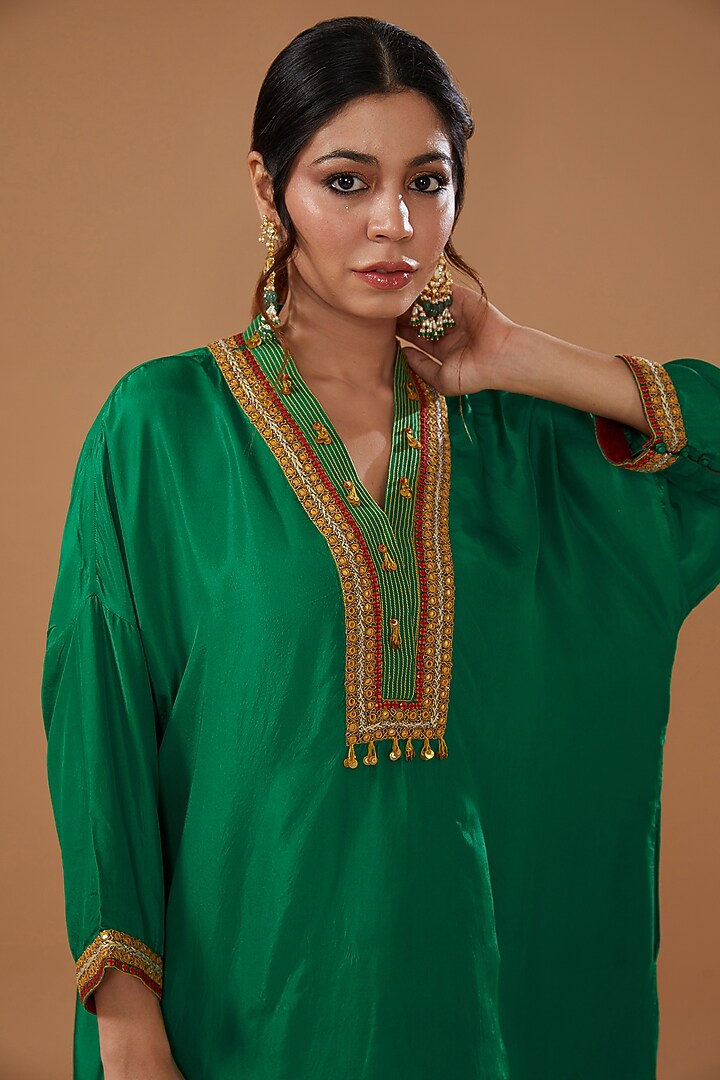 Green Silk Kurta Set by Debyani at Pernia's Pop Up Shop
