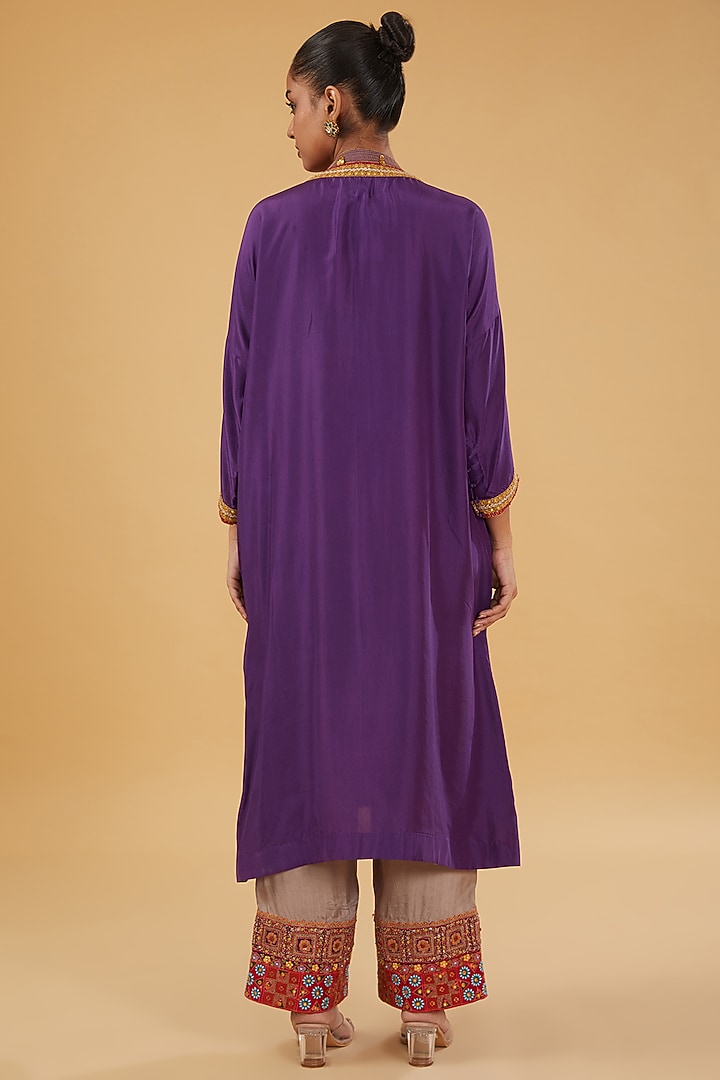 Purple Chanderi Silk Handwork Kaftan Kurta Set by Debyani at Pernia's Pop Up Shop