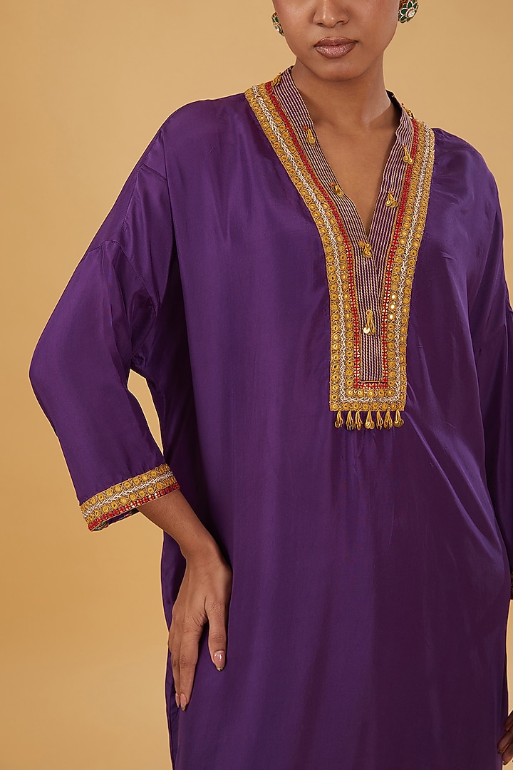 Purple Chanderi Silk Handwork Kaftan Kurta Set by Debyani at Pernia's Pop Up Shop