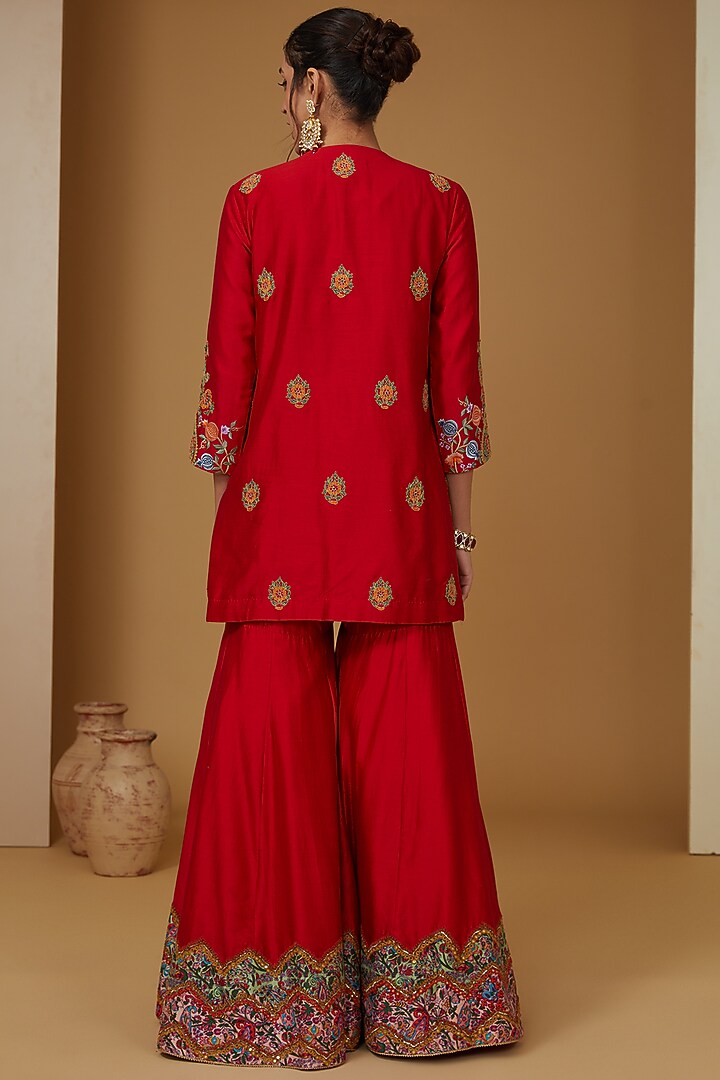 Red Chanderi Silk Mirror Work Leheriya Bridal Sharara Set by Debyani at Pernia's Pop Up Shop