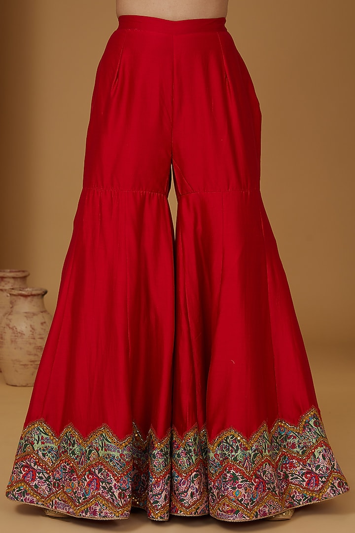 Red Chanderi Silk Mirror Work Leheriya Bridal Sharara Set by Debyani at Pernia's Pop Up Shop