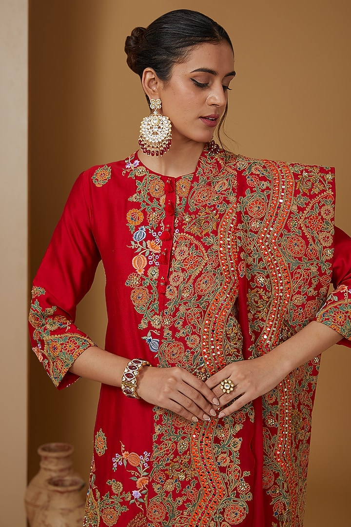 Red Chanderi Silk Mirror Work Leheriya Bridal Sharara Set by Debyani at Pernia's Pop Up Shop
