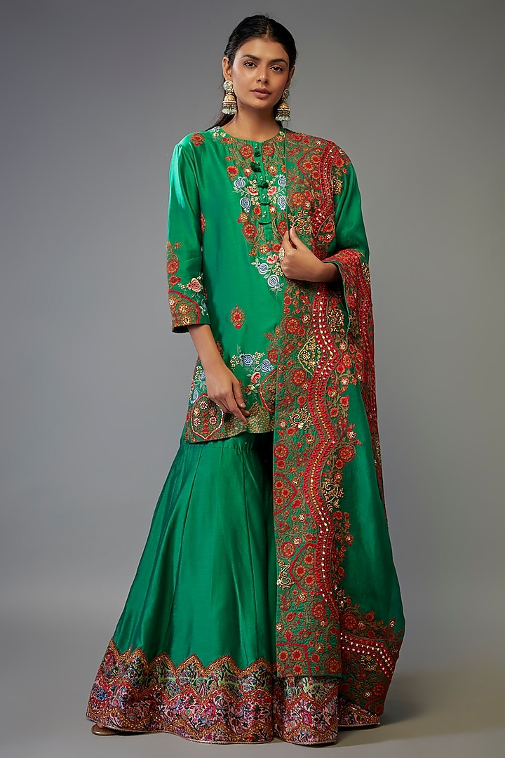 Green Silk Sharara Set by Debyani at Pernia's Pop Up Shop