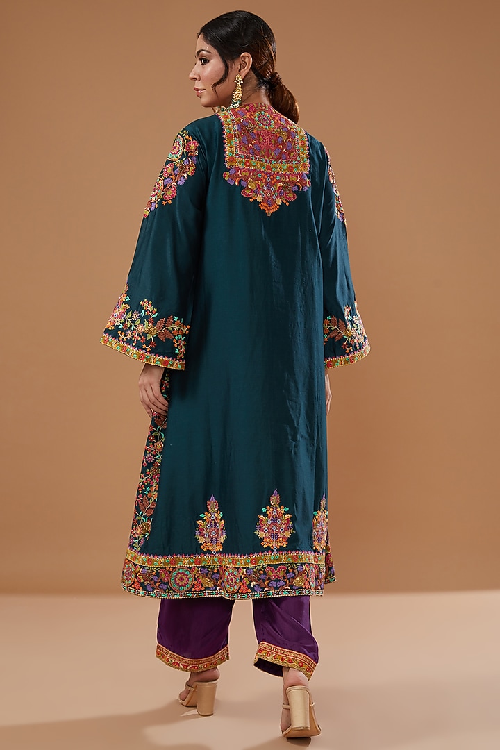 Blue Chanderi Embroidered Kurta Set by Debyani at Pernia's Pop Up Shop