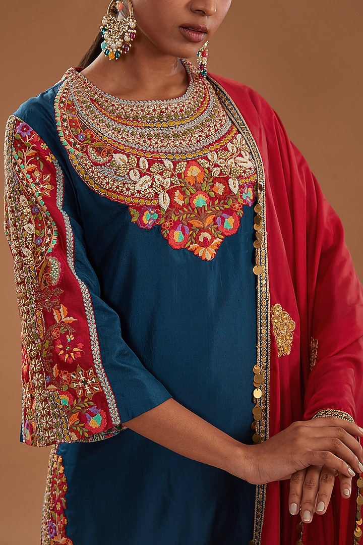 Blue Chanderi Embroidered Kurta Set by Debyani at Pernia's Pop Up Shop
