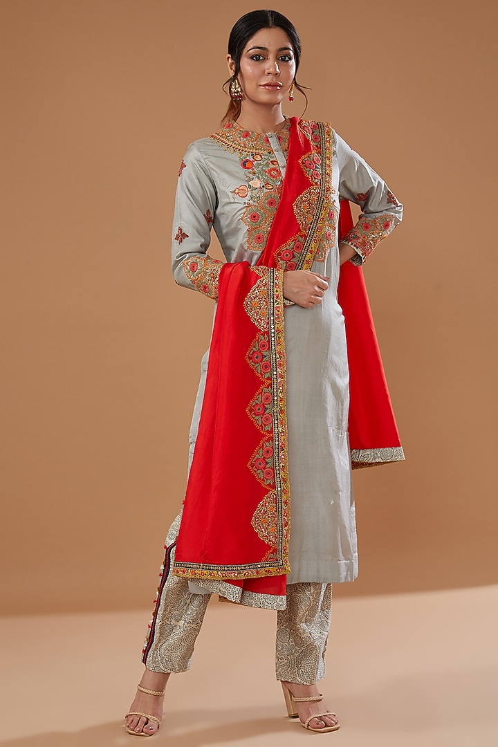 Grey Silk Phulwari Kurta Set by Debyani at Pernia's Pop Up Shop