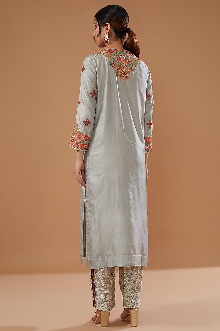 Grey Silk Phulwari Kurta Set by Debyani at Pernia's Pop Up Shop