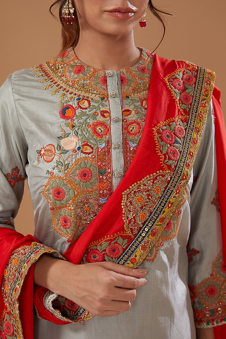Grey Silk Phulwari Kurta Set by Debyani at Pernia's Pop Up Shop
