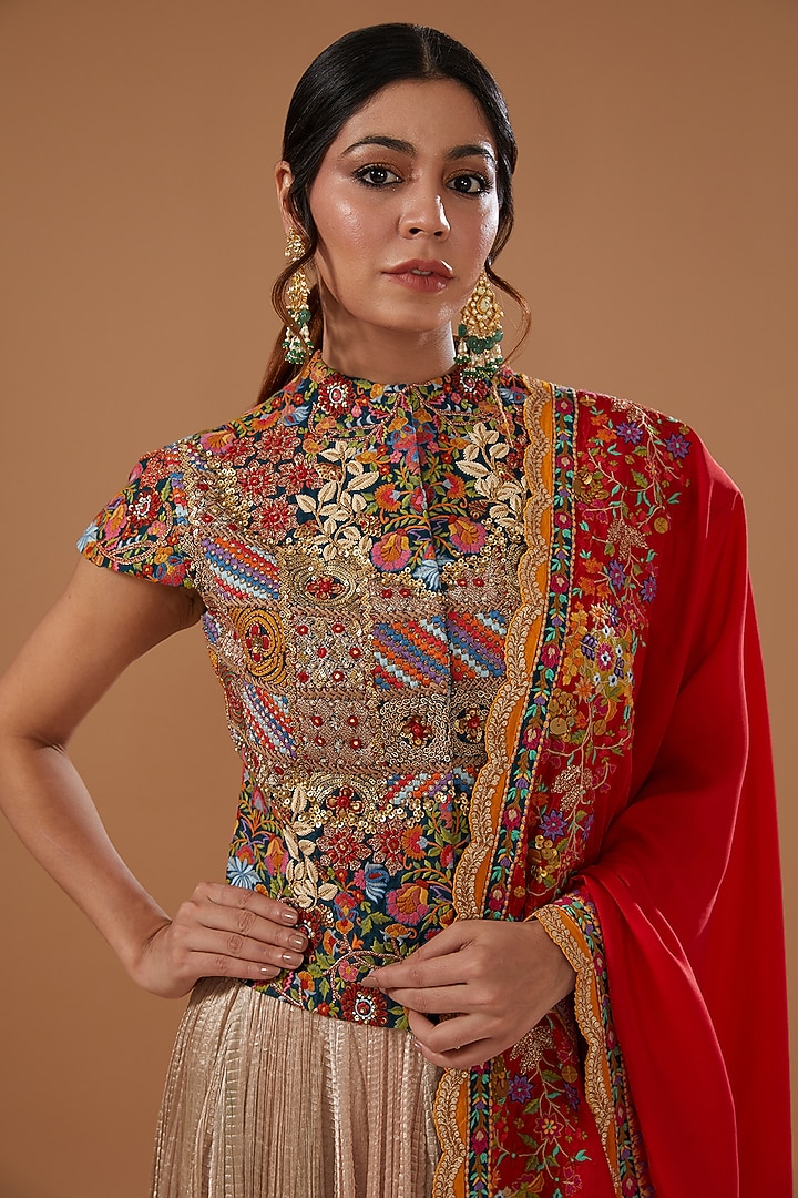 Multi-Colored Chanderi Jacket Set by Debyani at Pernia's Pop Up Shop