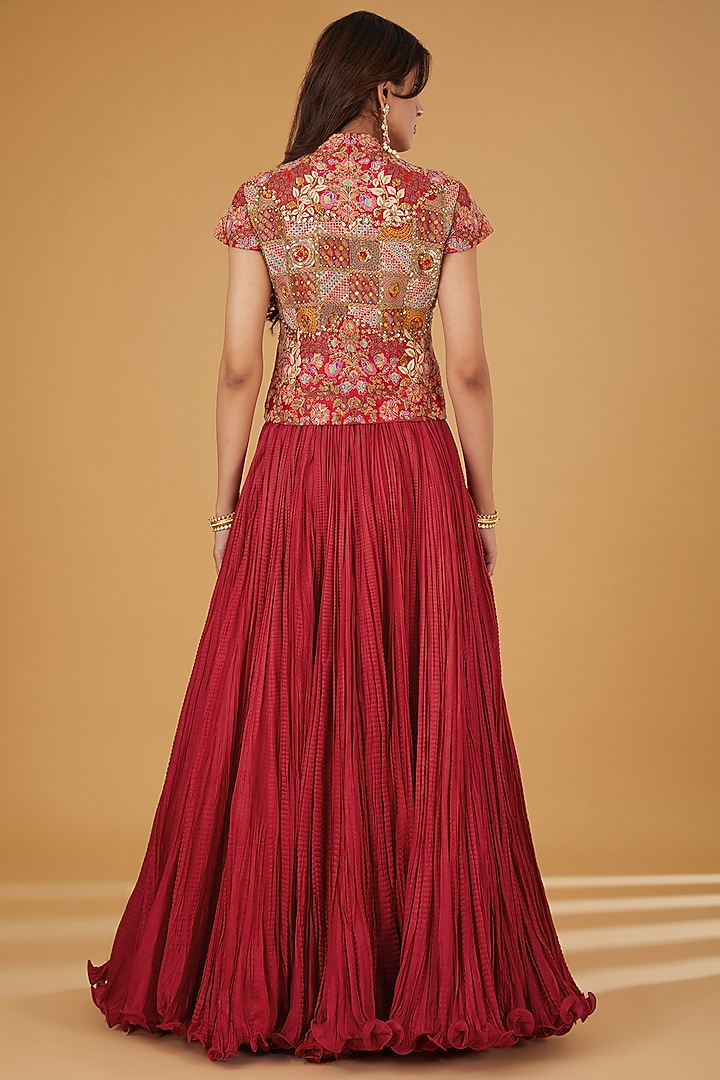 Red Silk Crushed Bridal Lehenga Set by Debyani at Pernia's Pop Up Shop