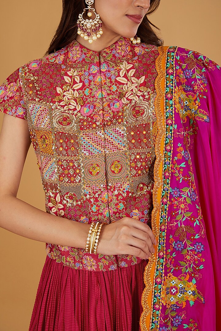 Red Silk Crushed Bridal Lehenga Set by Debyani at Pernia's Pop Up Shop