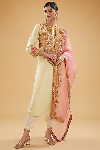 Cream Silk Patch Work Kurta Set by Debyani