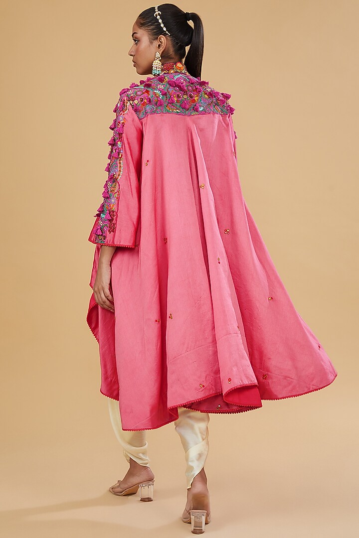Pink Chanderi Silk Mughal Embroidered Jacket Set by Debyani at Pernia's Pop Up Shop