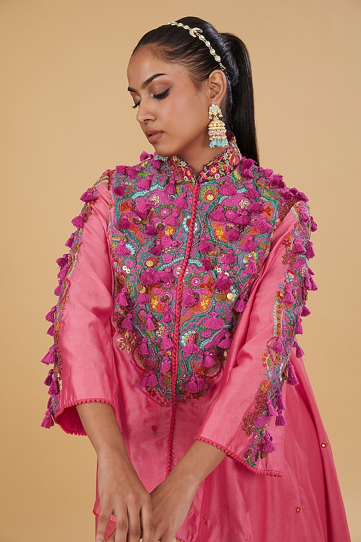 Pink Chanderi Silk Mughal Embroidered Jacket Set by Debyani at Pernia's Pop Up Shop