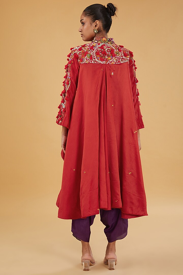 Red Chanderi Silk Trail Jacket Set by Debyani at Pernia's Pop Up Shop