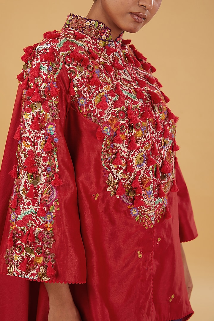 Red Chanderi Silk Trail Jacket Set by Debyani at Pernia's Pop Up Shop