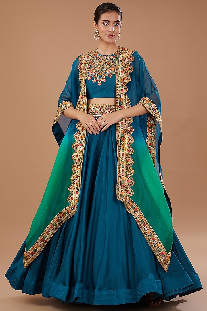 Blue Chanderi Embroidered Cape Set by Debyani at Pernia's Pop Up Shop