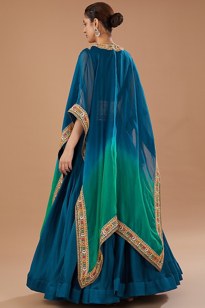 Blue Chanderi Embroidered Cape Set by Debyani at Pernia's Pop Up Shop