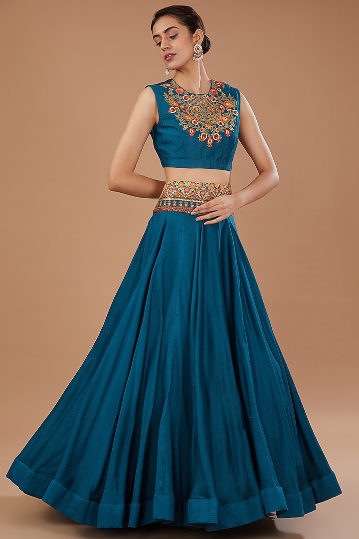 Blue Chanderi Embroidered Cape Set by Debyani at Pernia's Pop Up Shop