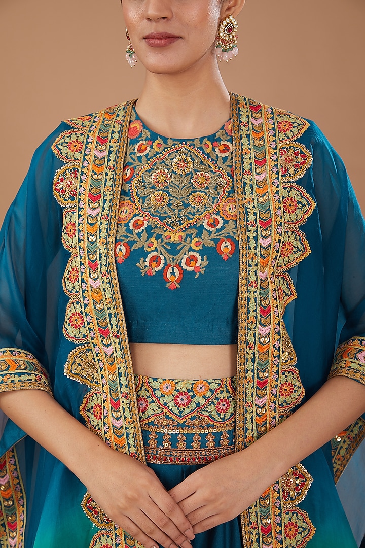 Blue Chanderi Embroidered Cape Set by Debyani at Pernia's Pop Up Shop