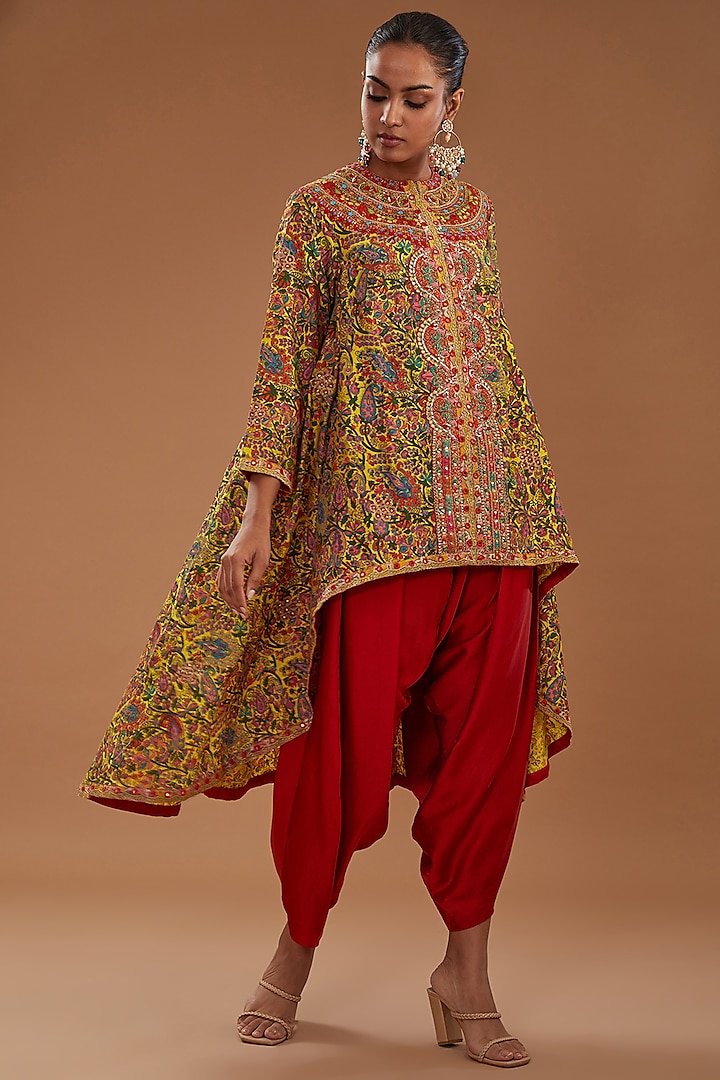 Yellow Chanderi Paisley Embroidered Jacket Set by Debyani at Pernia's Pop Up Shop