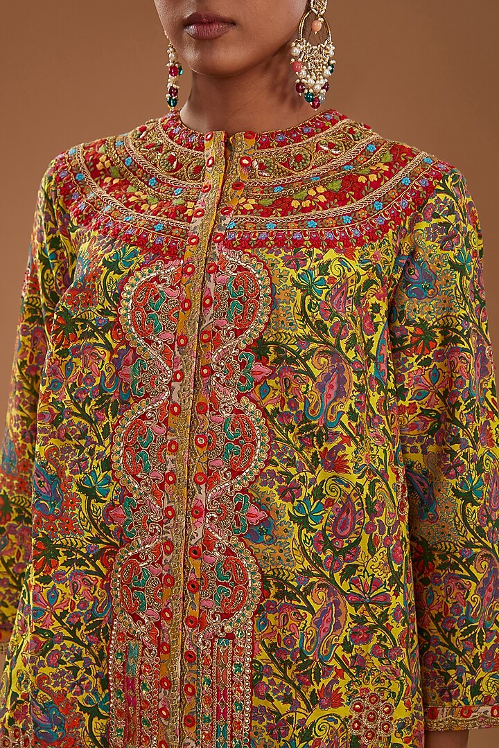 Yellow Chanderi Paisley Embroidered Jacket Set by Debyani at Pernia's Pop Up Shop