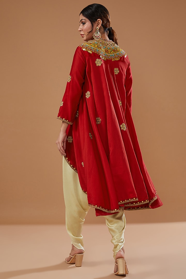 Red Chanderi Embroidered Jacket Set by Debyani at Pernia's Pop Up Shop
