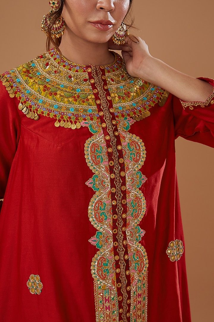 Red Chanderi Embroidered Jacket Set by Debyani at Pernia's Pop Up Shop