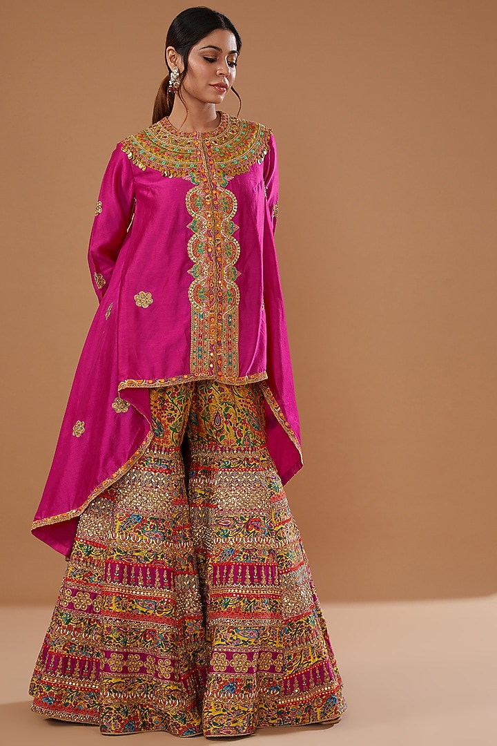 Magenta Chanderi Embroidered Jacket Set by Debyani at Pernia's Pop Up Shop