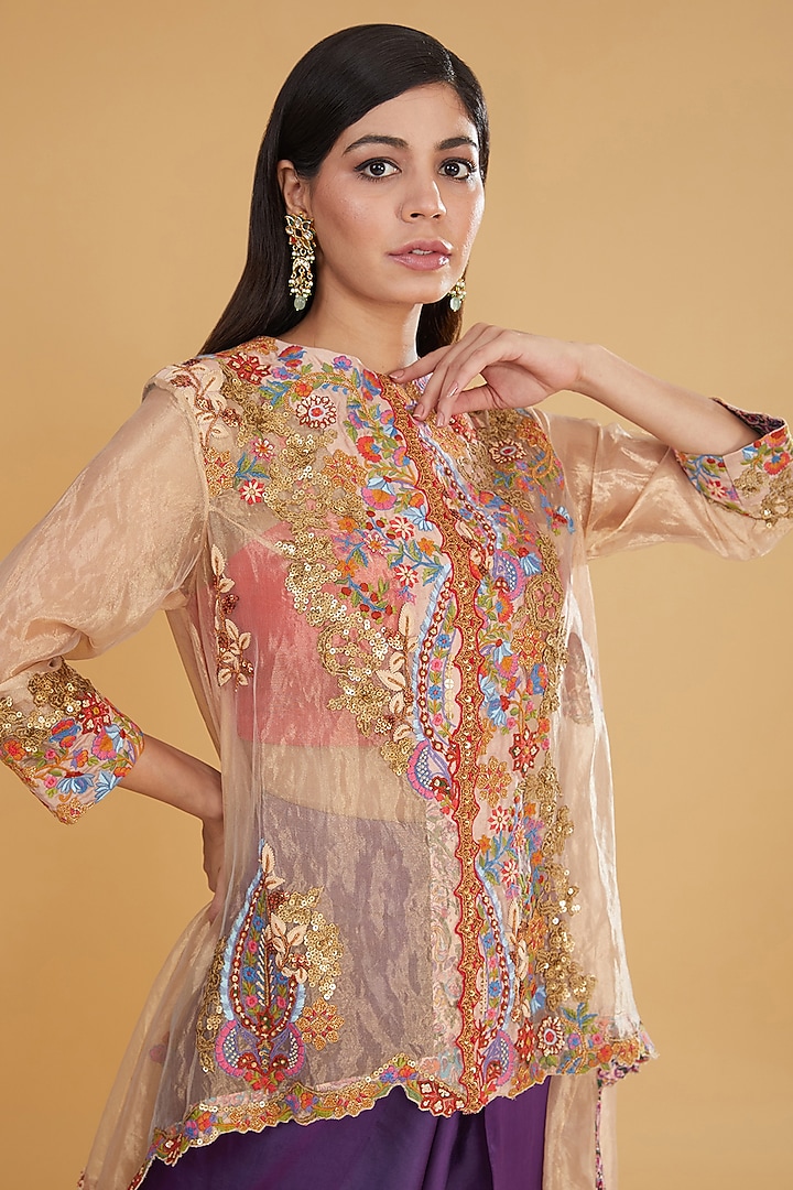 Gold Tissue Embroidered Trail Jacket Set by Debyani at Pernia's Pop Up Shop