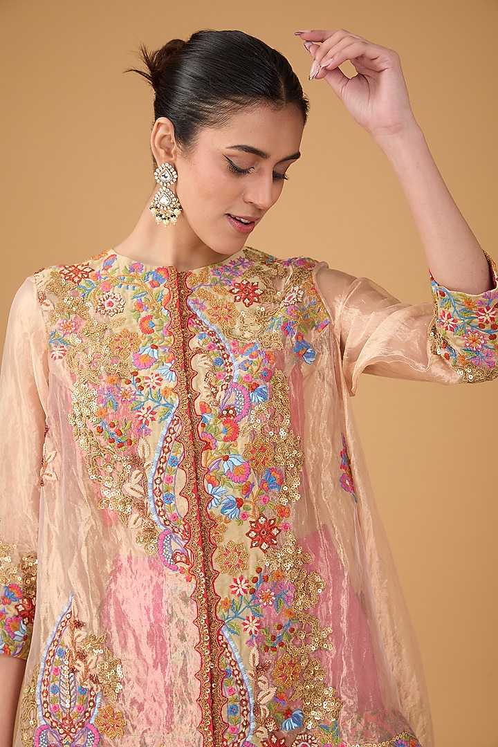 Ivory Tissue Embroidered Trail Jacket Set by Debyani at Pernia's Pop Up Shop