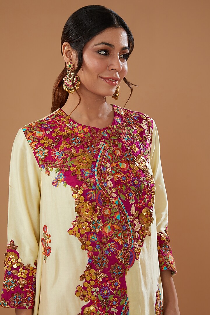 Ivory Chanderi Embroidered Jacket Set by Debyani at Pernia's Pop Up Shop